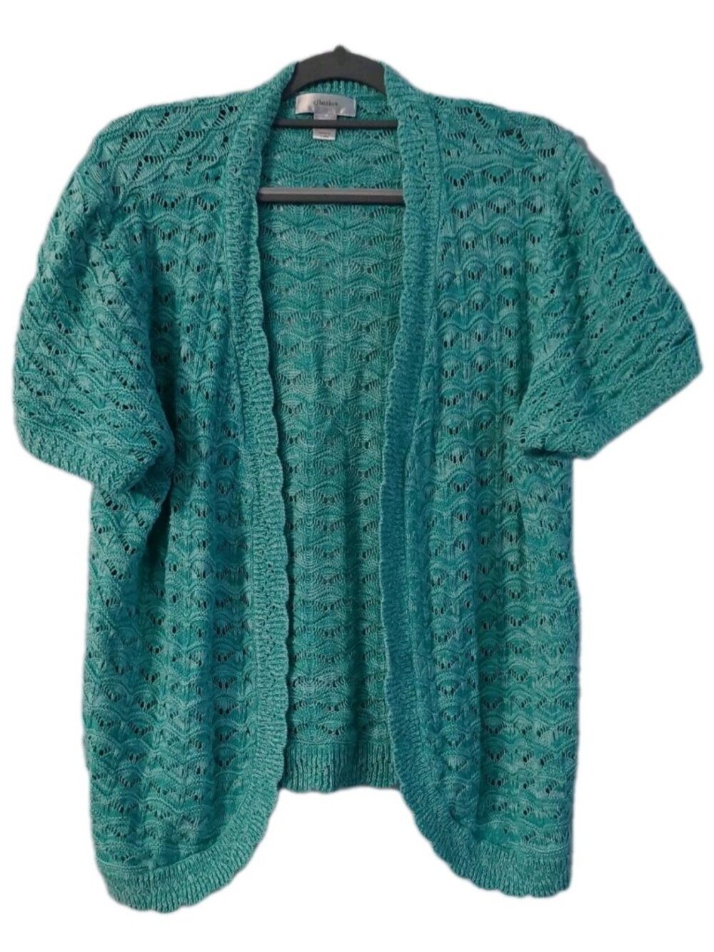 CJ Banks Womens Cardigan Size 3X Open Knit Aqua Green Shrug Short Sleeve